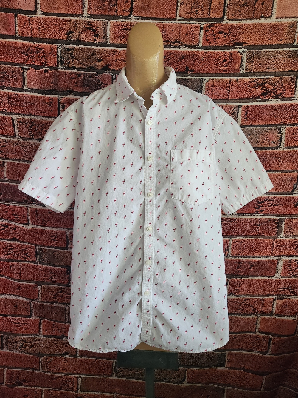Denim & Flower White Short-Sleeve Button-Down Shirt with Red Flamingo Print